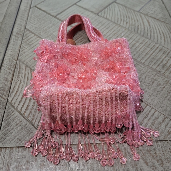 Handcrafted Beaded Bag Made in India Viral TikTok Purse Pink Floral Boho Fringe - Picture 2 of 12